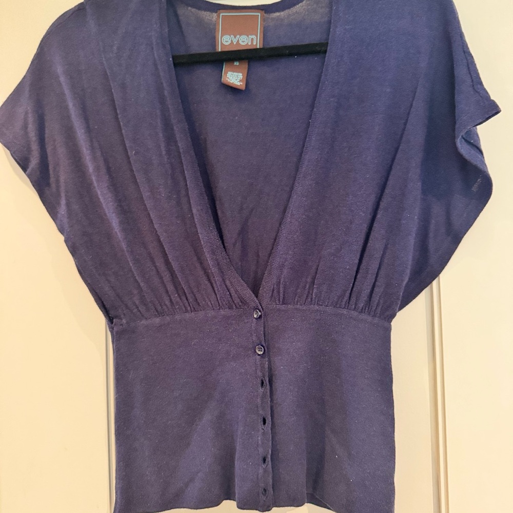 Even Blue Flutter Sleeve Fitted Blouse